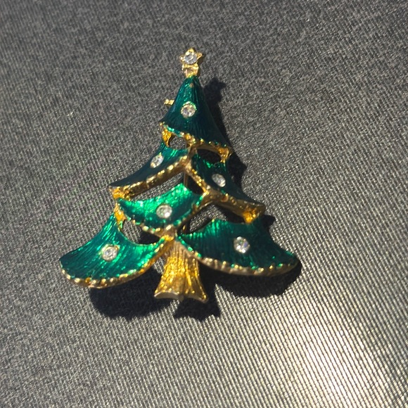 Vintage Clear Rhinestone & Green Enamel Christmas Tree Gold Tone Brooch Pin - Picture 1 of 5